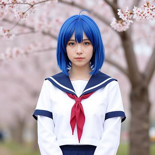 Anime-Inspired Schoolgirl Under Cherry Blossoms