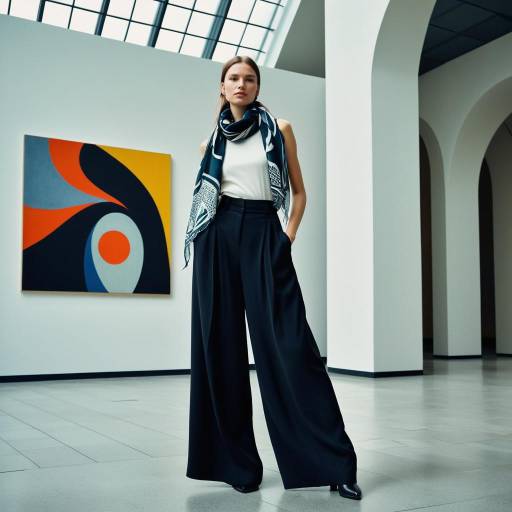Young Woman in Silk Scarf and Wide-Leg Trousers in Art Museum