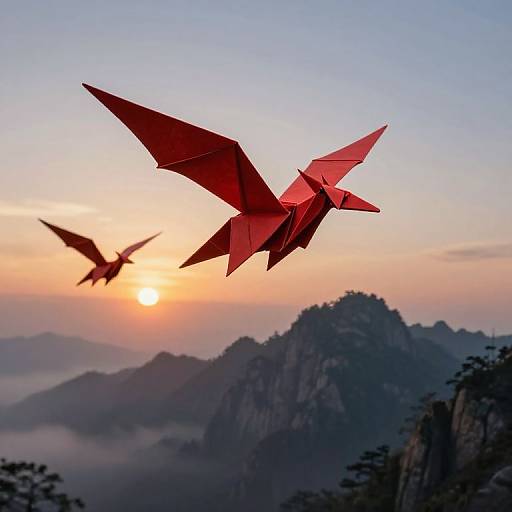 Photograph of two red origami paper airplanes flying over a misty mountain range at sunrise, with a warm orange and blue sky.