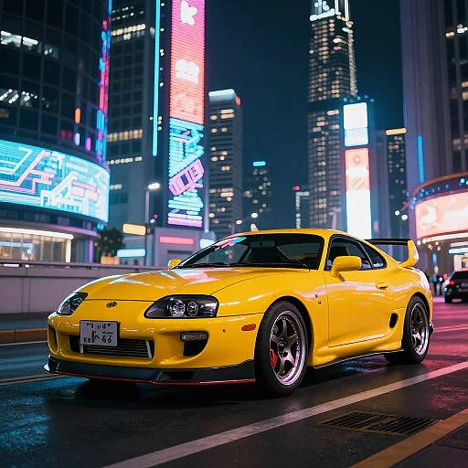 Photograph of a bright yellow Nissan Skyline GT-R speeding through a neon-lit, bustling urban city street at night.
