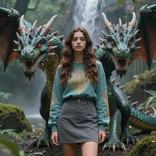 Woman with Two Dragons in Forest