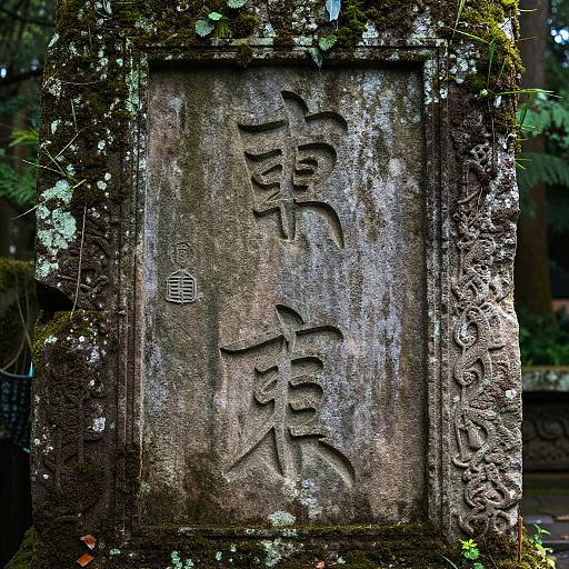 Ancient Kanji Carving in Forest