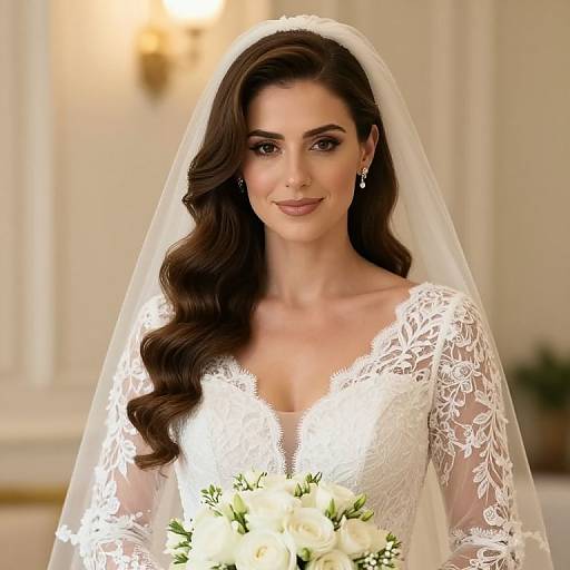Photograph of a beautiful bride with long, wavy brown hair, wearing a white lace wedding dress and veil, holding a white flower bouquet, standing