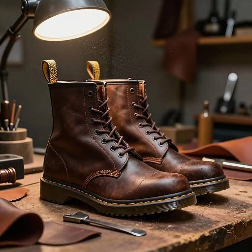 Photograph of brown leather work boots with yellow laces, under a black desk lamp on a wooden workbench, surrounded by tools and leather scraps in