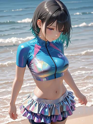 Girl in Iridescent Rash Guard Outfit on Beach