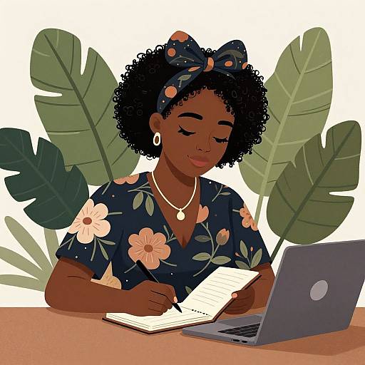 Illustration of a dark-skinned woman with curly hair, wearing a floral navy shirt, bow headband, and necklace, writing in a notebook while