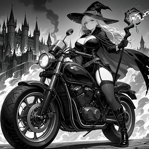 Witch Riding Motorcycle Near Burning Castle