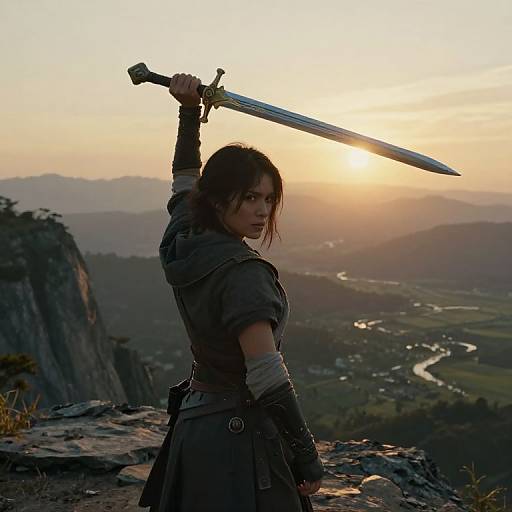 Photograph of a determined woman with dark hair, holding a sword above her head, standing on a rocky cliff at sunset, overlooking a winding river valley