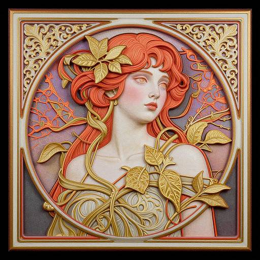 Gothic Art Nouveau portrait of a fair-skinned woman with red hair, adorned with golden leaves, set in an ornate circular frame.