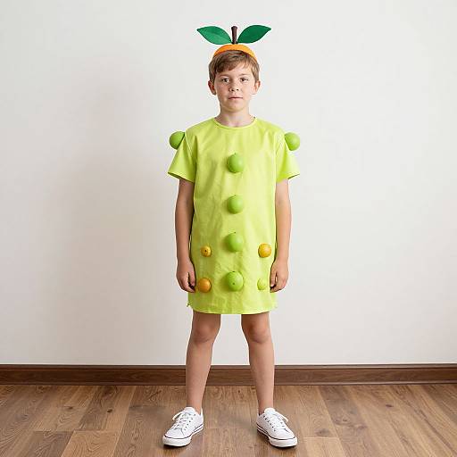 Photograph of a young boy in a bright yellow, fruit-themed costume with green leaves on his head, yellow buttons on his dress, and white sneakers