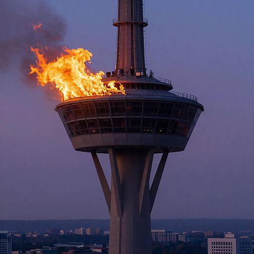 Burning Observation Tower at Dusk