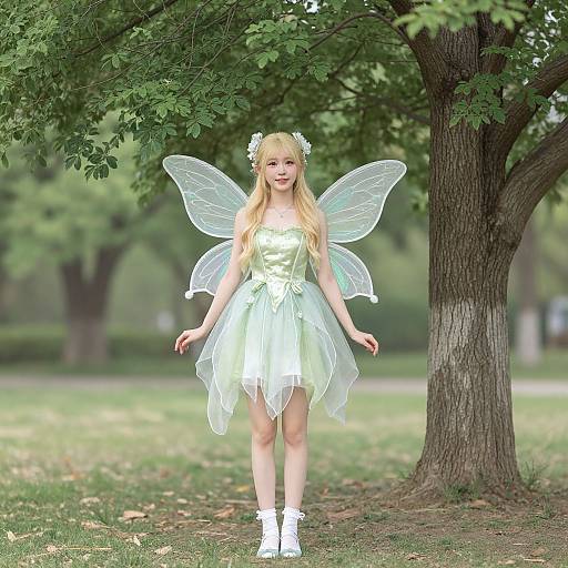 Photograph of a blonde girl with fair skin, wearing a green fairy dress, transparent wings, white shoes, and flower headpiece, standing in a