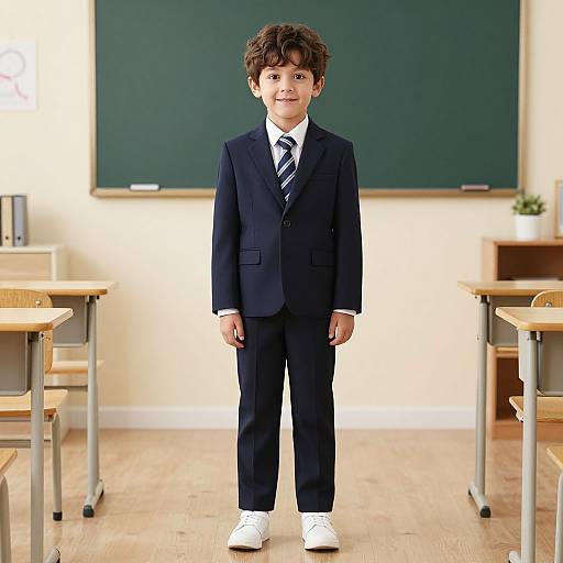 Photograph of a young boy with curly brown hair, wearing a black suit, white shirt, striped tie, and white shoes, standing in a classroom