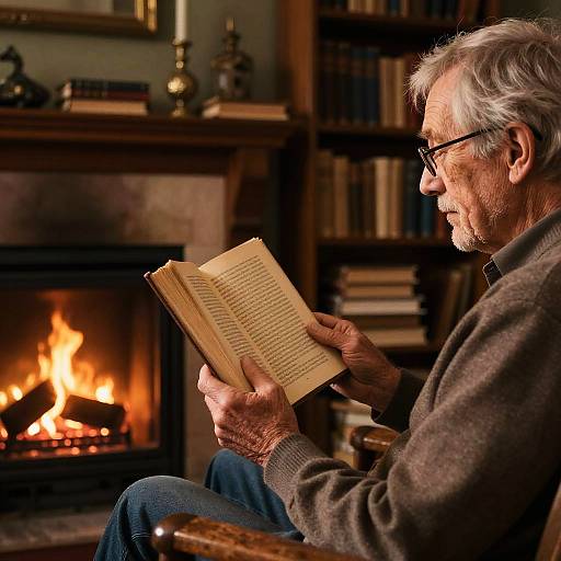 Cozy Elder Reading by Fireplace
