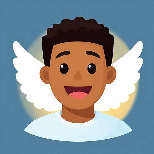 Digital illustration of a happy, dark-skinned boy with black curly hair, white wings, and blue background, smiling with open mouth.