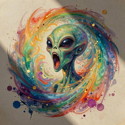 Vibrant digital painting of a screaming alien with large black eyes, surrounded by a swirling rainbow of colors and splatters. Bright, dynamic, and