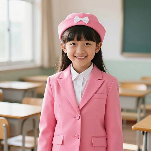 Photograph of an Asian girl with long black hair, smiling, wearing a pink school uniform with a matching hat and white bow, standing in a bright