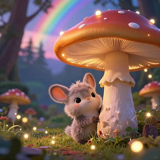 Cute, fluffy gray bunny with large ears stands under glowing, red-spotted mushroom in enchanted forest; colorful rainbow and twinkling lights in background.