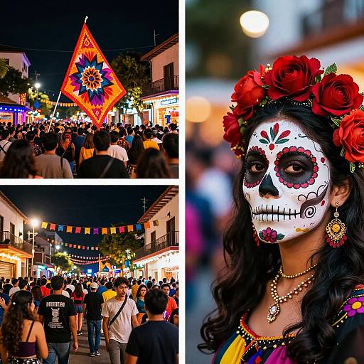 Photograph collage of a vibrant Day of the Dead celebration: colorful flag, decorated street, and a woman with red flower crown, white face paint,