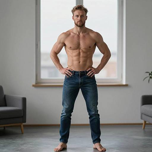Fit shirtless man in jeans standing indoors