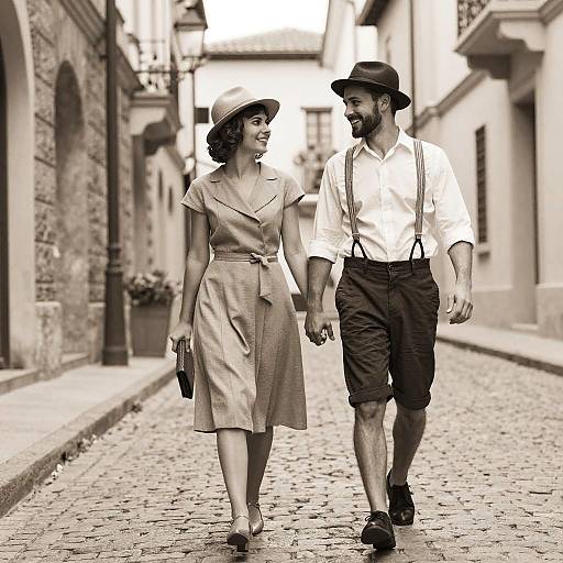 Black-and-white photograph of a smiling couple walking hand-in-hand down a cobblestone street; woman in vintage dress and hat, man in suspenders