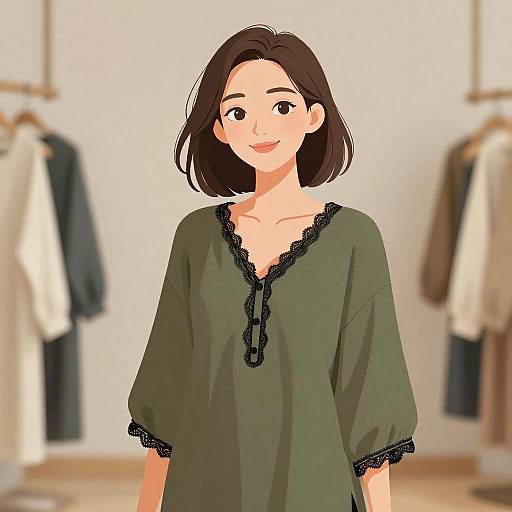 Smiling Bohemian Woman in Olive Tunic