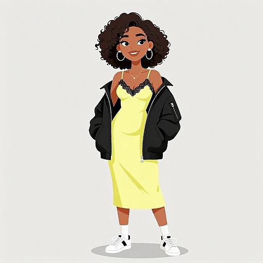 Chic Woman in Streetwear and Pastel Dress
