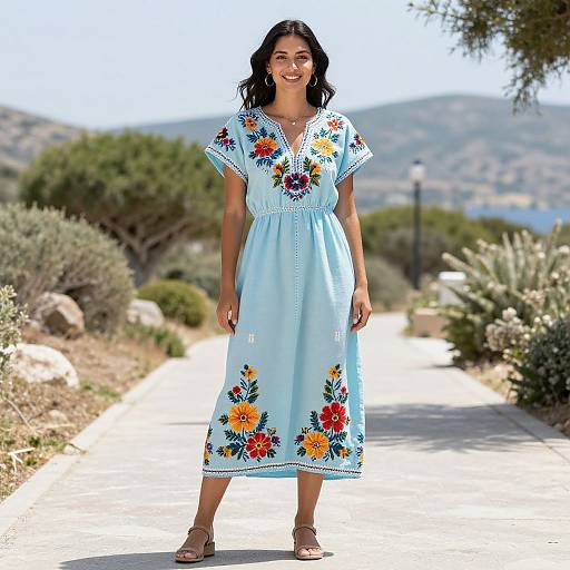 Photograph of a smiling woman with long black hair, wearing a light blue floral dress, standing on a sunlit pathway with mountains and greenery in