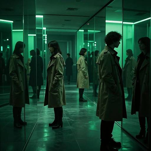Photograph of silhouetted people in trench coats standing in a mirrored hallway with green neon lights, creating a moody, reflective atmosphere.