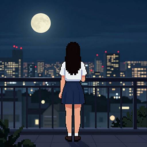 Pixel art of a girl in a white shirt and blue skirt, standing on a balcony at night, staring at a full moon over a cityscape.