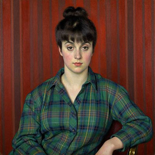 Painting of a fair-skinned woman with dark hair in a bun, wearing a green plaid shirt, against a red striped background.