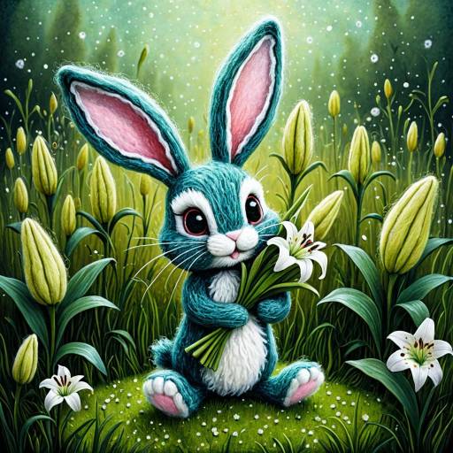 Cute Wool Felted Rabbit with Lilies