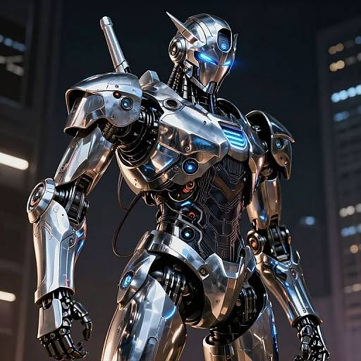 Photorealistic CGI of a shiny, silver, humanoid robot with blue glowing eyes and lights, standing in a dark, futuristic cityscape.