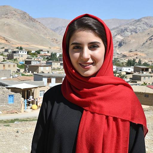Photograph of a smiling young woman with fair skin, dark hair, and brown eyes, wearing a red hijab and black outfit, standing in front