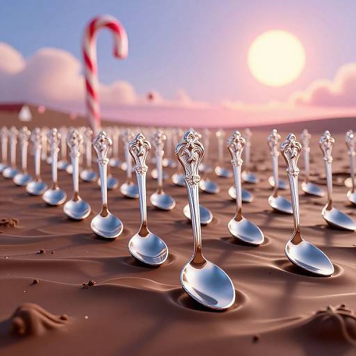 Photograph of shiny silver spoon-shaped objects arranged in rows on chocolate surface, with blurred candy cane and sunset in background.