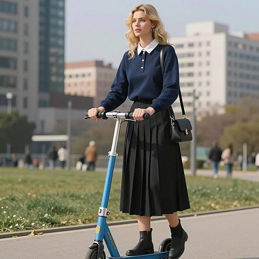 Blonde Woman Riding Electric Scooter in Urban Park