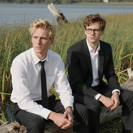 Two Men Sitting by Marshy Lake