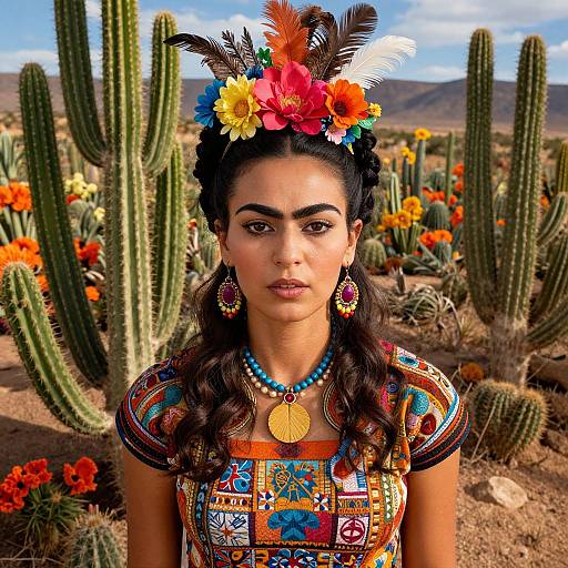 Photograph of a Native American woman with dark hair, colorful floral headpiece, and detailed traditional dress, standing in a desert with cacti and