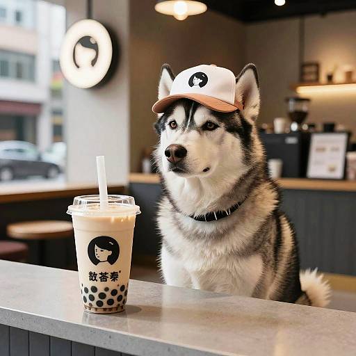 Stylish Husky Enjoying Boba Drink