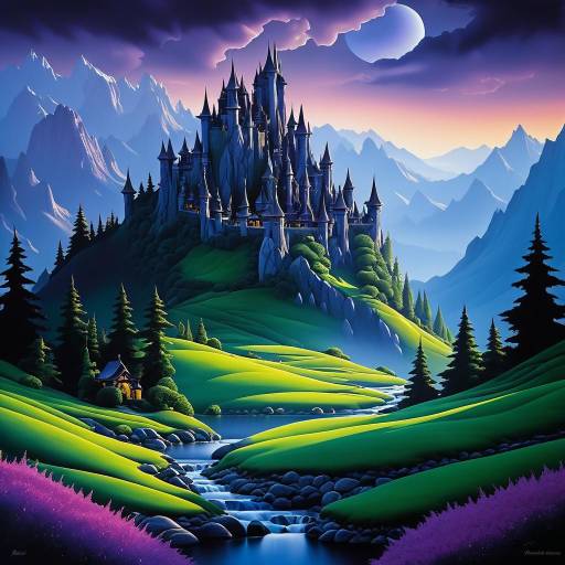 Dark Fairy Castle in Serene Mountain Landscape