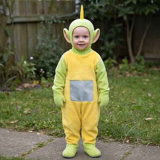 Photograph of a smiling baby in a yellow and green alien onesie with pointy ears and a fin, standing on a grassy sidewalk.