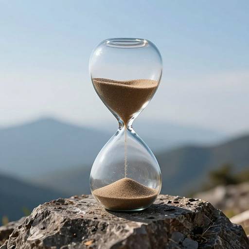 Photograph of a clear glass hourglass with sand flowing, placed on a rocky surface against a blurred mountainous backdrop.