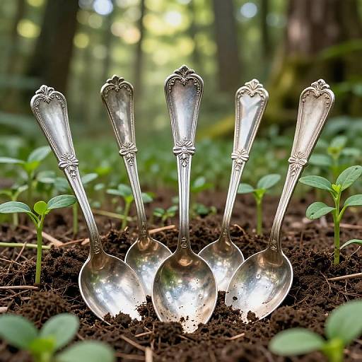 Ornate Silver Spoons in Soil
