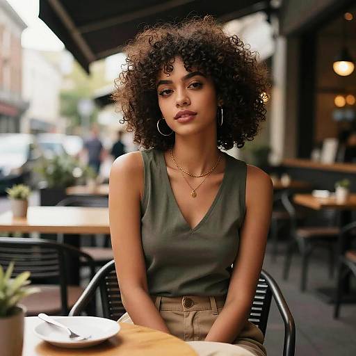 Young Woman with Modern Afro Hairstyle in Urban Cafe