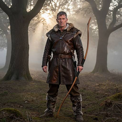 Photograph of a middle-aged man with gray hair wearing a dark leather medieval-style coat, fur trim, and fur boots, standing in a misty