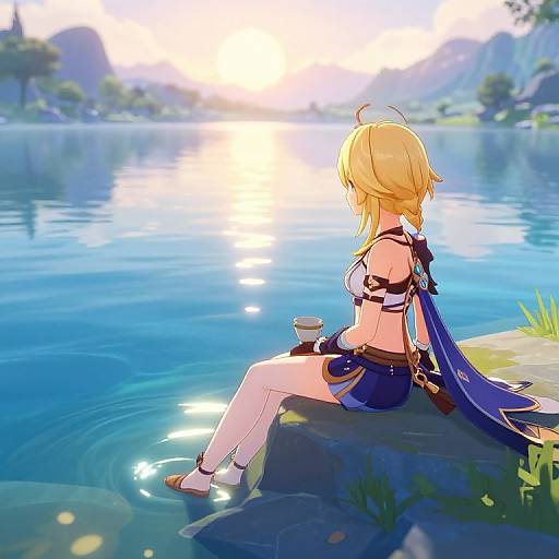 Anime-style drawing of a blonde girl with a blue cape and white thigh-high socks, sitting on a rock by a serene lake at sunset, holding a