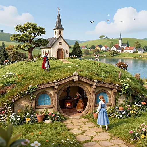 Digital illustration: Fairy-tale village with hobbit house on grassy hill, girl in blue dress, man in red coat, church, lake,