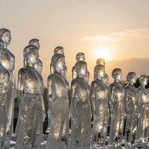 Photograph of numerous silver, intricately detailed, standing human figures with reflective surfaces, illuminated by a glowing sunset in the background.