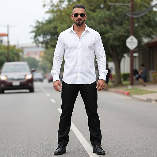 Photograph of a muscular man with dark hair and beard, wearing a white shirt, black pants, sunglasses, and black shoes, standing confidently on a