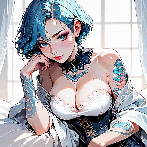 Stylish Woman with Blue Hair and Tattoos in Corset Top